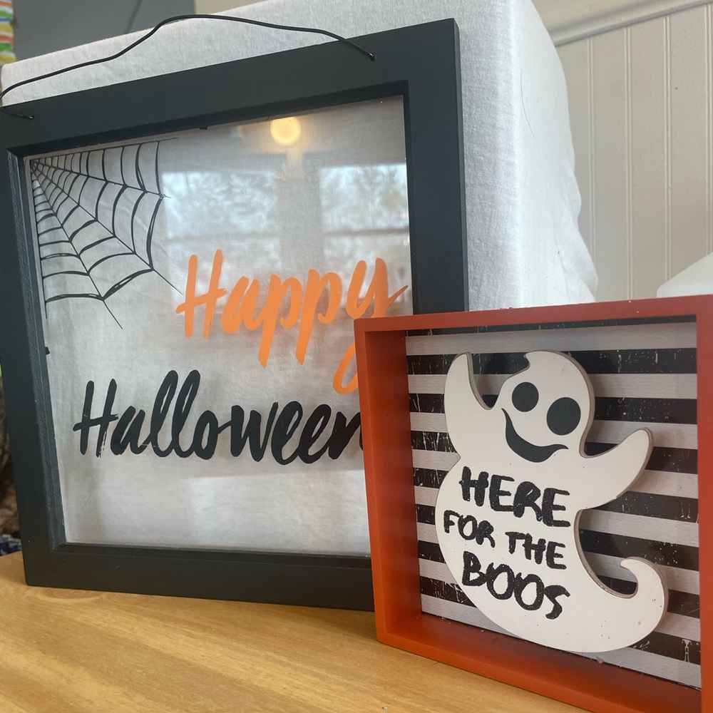 Set Of Two Halloween Wall Hangings. “Happy Halloween” And “Here For The Boos”